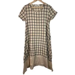 Modernmiss Women's Size S Beige Black Geometric A-Line Ruffle Hem Shift Dress